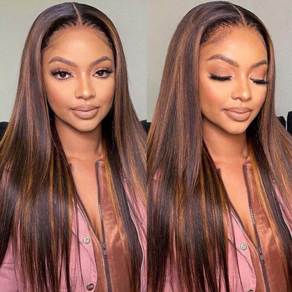 Glueless Chestnut Brown Highlights Bone Straight 13x4 Frontal HD Lace Wig 100% Human Hair 26"